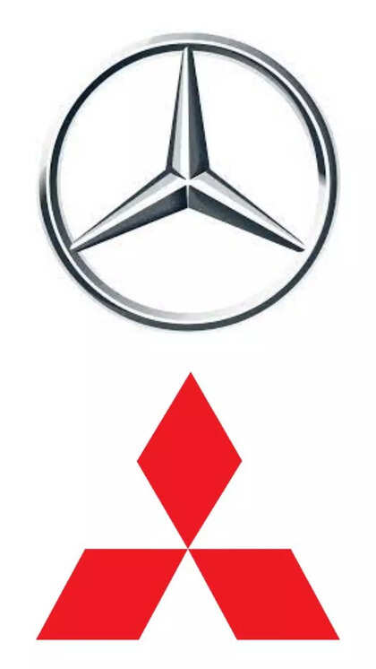Mercedes and Mitsubishi logos stacked on white background