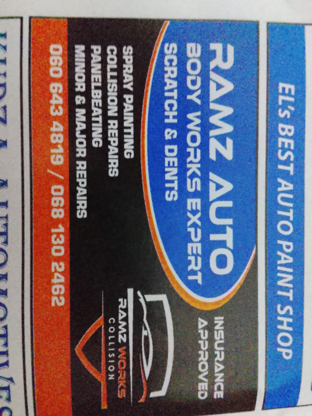Ramz Auto workshop advertisement with body repairs and spray painting